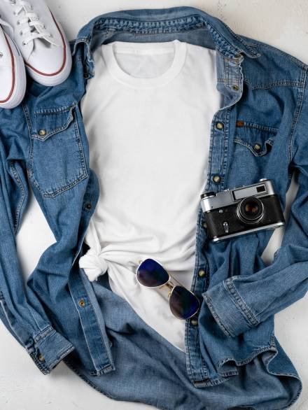 White T-shirt with place for text. Blue denim shirt, sneakers, glasses - a set of clothes for walking. T-shirt mockup for printing. Stylish kit. Copy space.